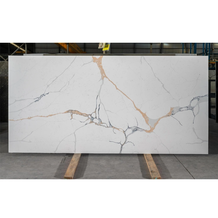 Prefab Quartz Kitchen Countertop Italian Design Calacatta Marble Grey Veins White Calcutta Quartz Slab