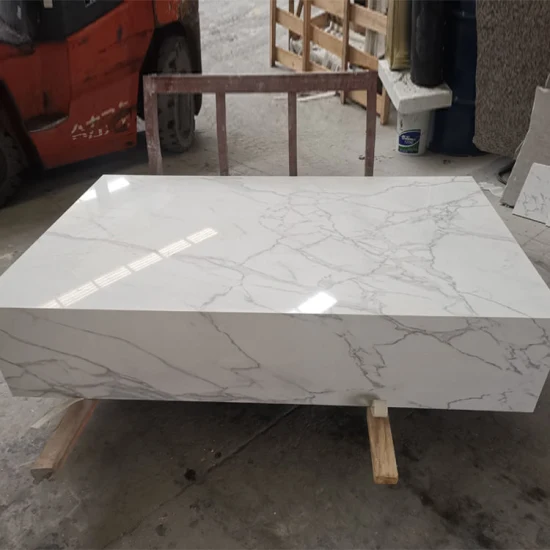 Mesa de centro de quartzo calacatta com tampo de pedra artificial, superfície sólida branca